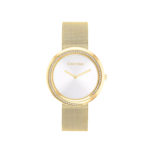 Calvin Klein Twisted Bezel Women's Silver Dial & Gold Mesh Strap Watch 34mm