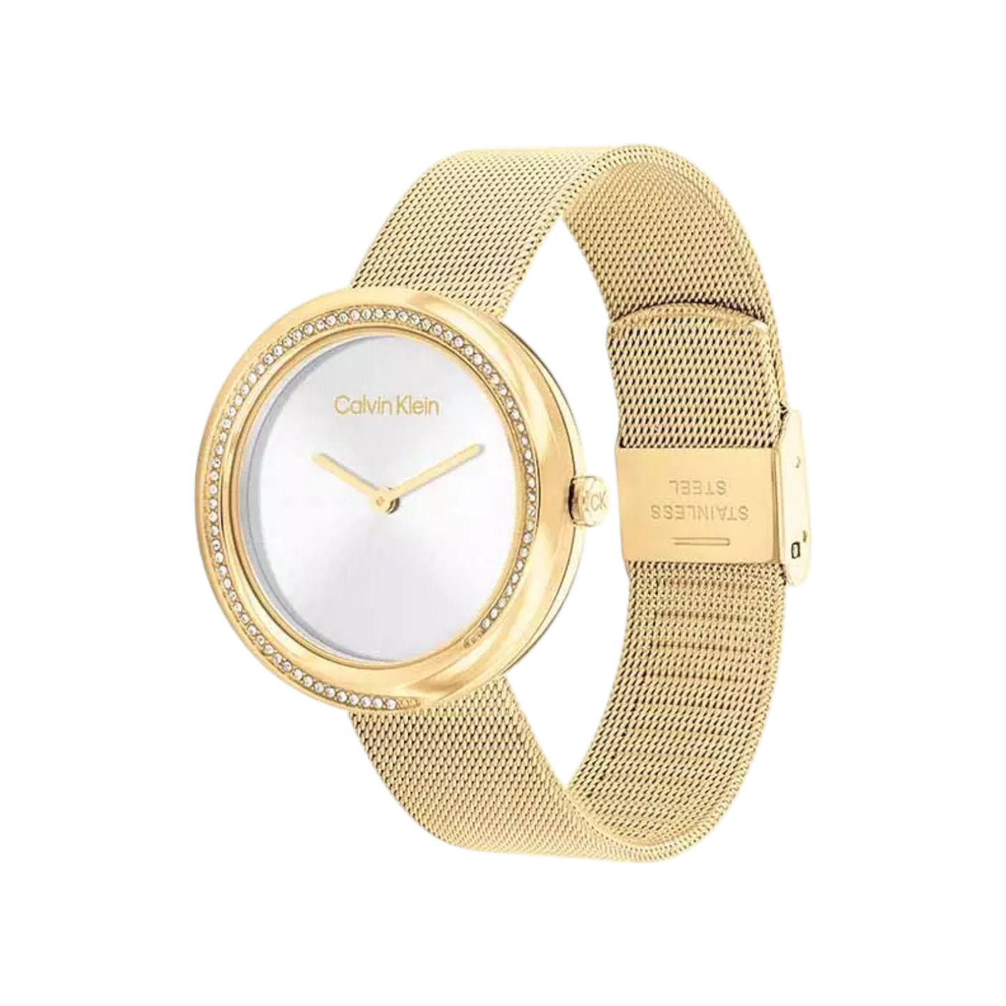 Calvin Klein Twisted Bezel Women's Silver Dial & Gold Mesh Strap Watch 34mm