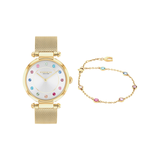Coach Cary Women's Watch Gift Set White Dial & Gold Mesh Strap Watch 34mm with Gold Bracelet
