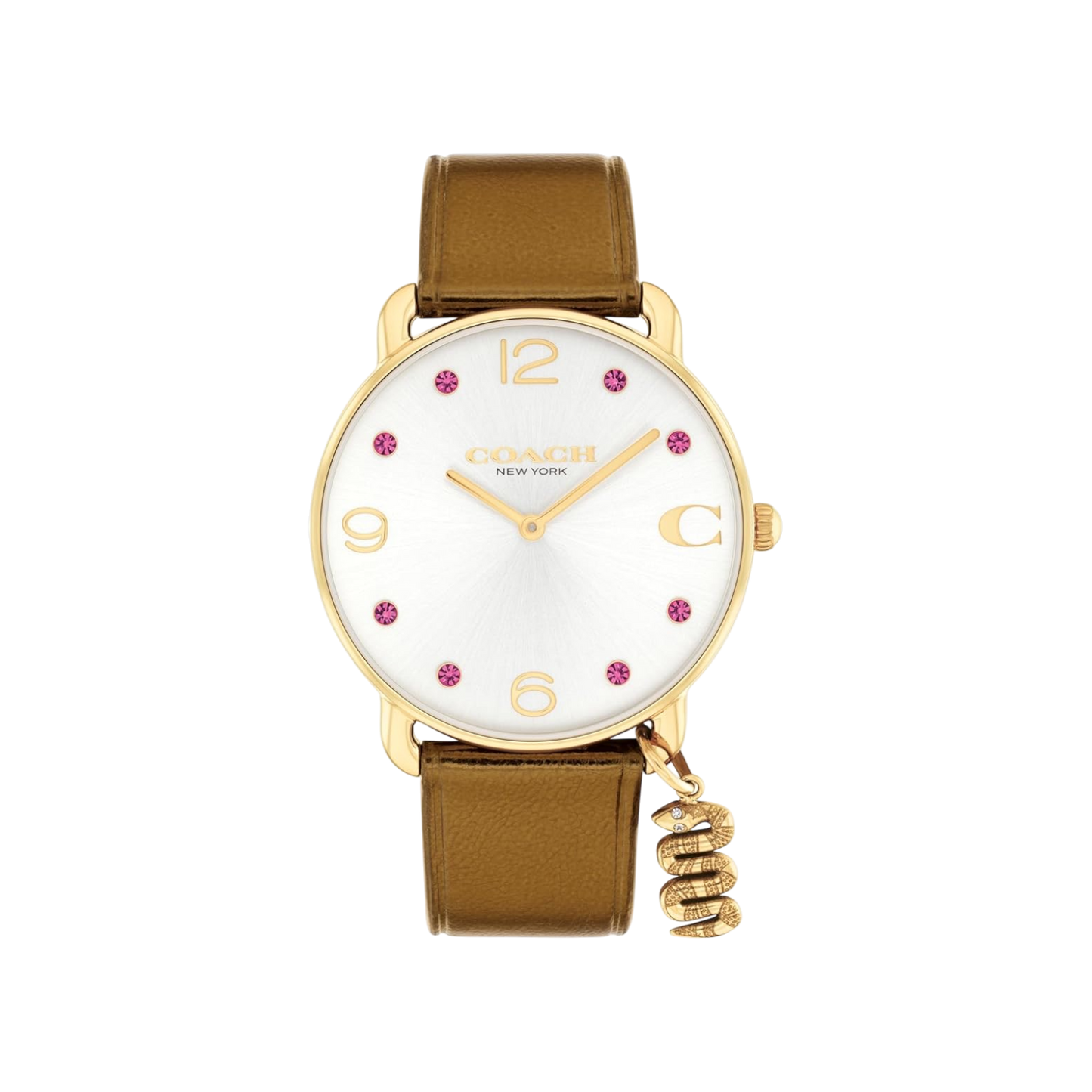 Coach Elliot Women's White Dial & Tan Leather Strap Watch with Snake Charm 28mm