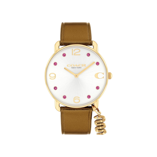 Coach Elliot Women's White Dial & Tan Leather Strap Watch with Snake Charm 28mm