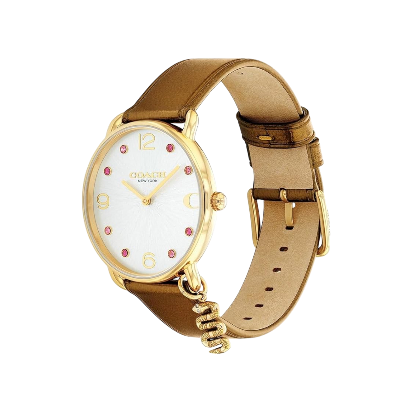 Coach Elliot Women's White Dial & Tan Leather Strap Watch with Snake Charm 28mm