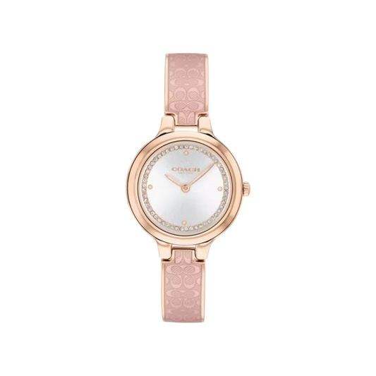 Coach Chelsea Women's Silver Dial with Rose Gold Case & Pink Translucent Bangle Bracelet Strap Watch 27mm