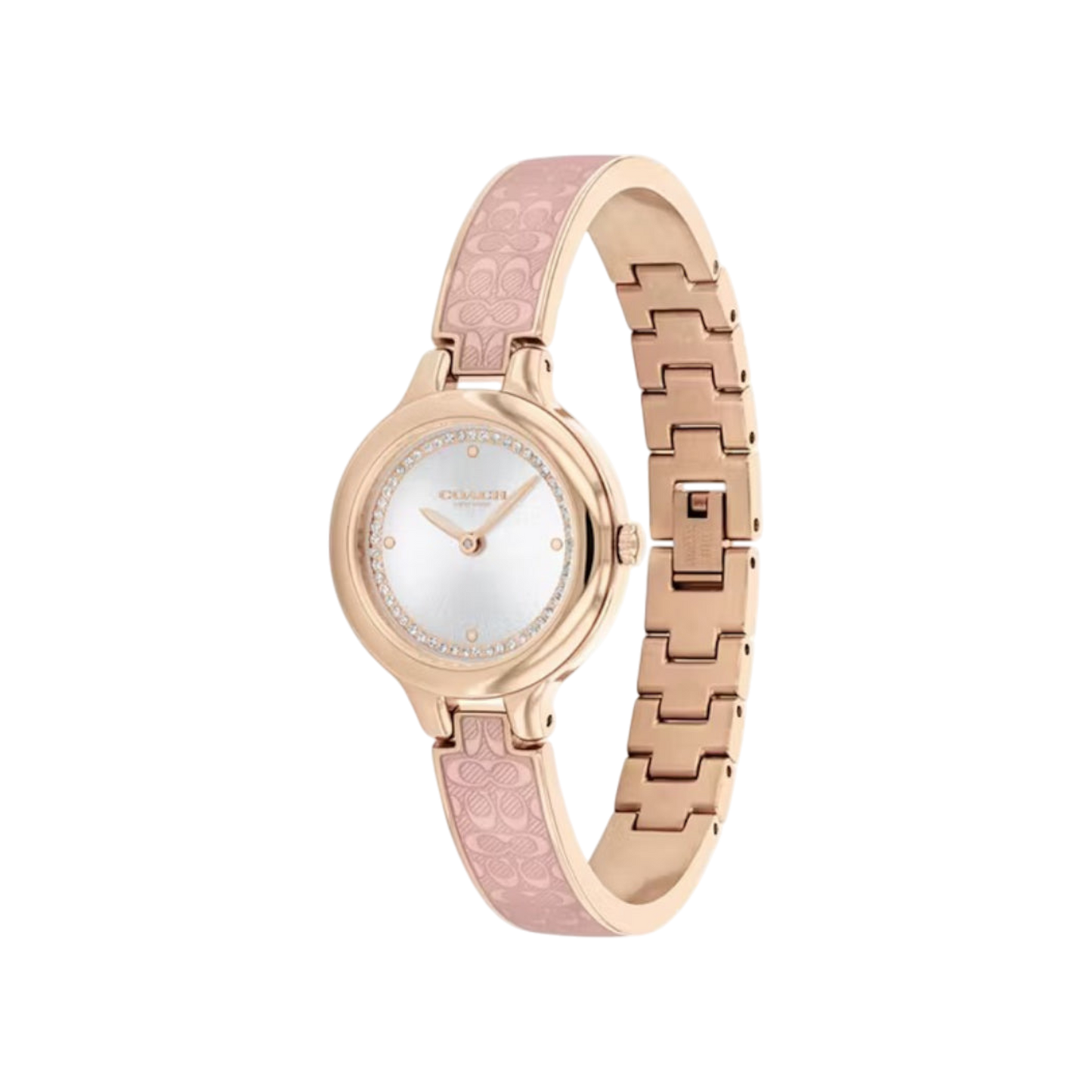 Coach Chelsea Women's Silver Dial with Rose Gold Case & Pink Translucent Bangle Bracelet Strap Watch 27mm