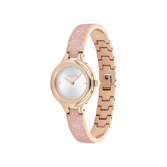 Coach Chelsea Women's Silver Dial with Rose Gold Case & Pink Translucent Bangle Bracelet Strap Watch 27mm
