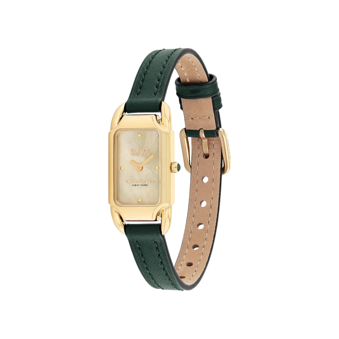 Coach Cadie Women's Ivory Mother of Pearl Dial with Gold Case & Green Leather Strap Watch 17.5mmx28.5mm
