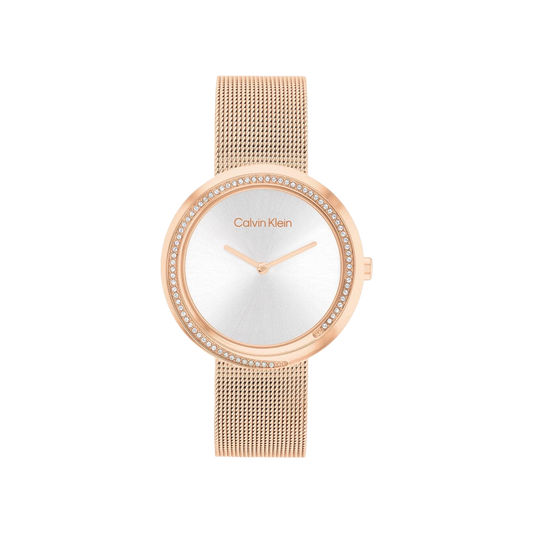 Calvin Klein Twisted Bezel Women's Silver Dial & Rose Gold Mesh Strap 34mm