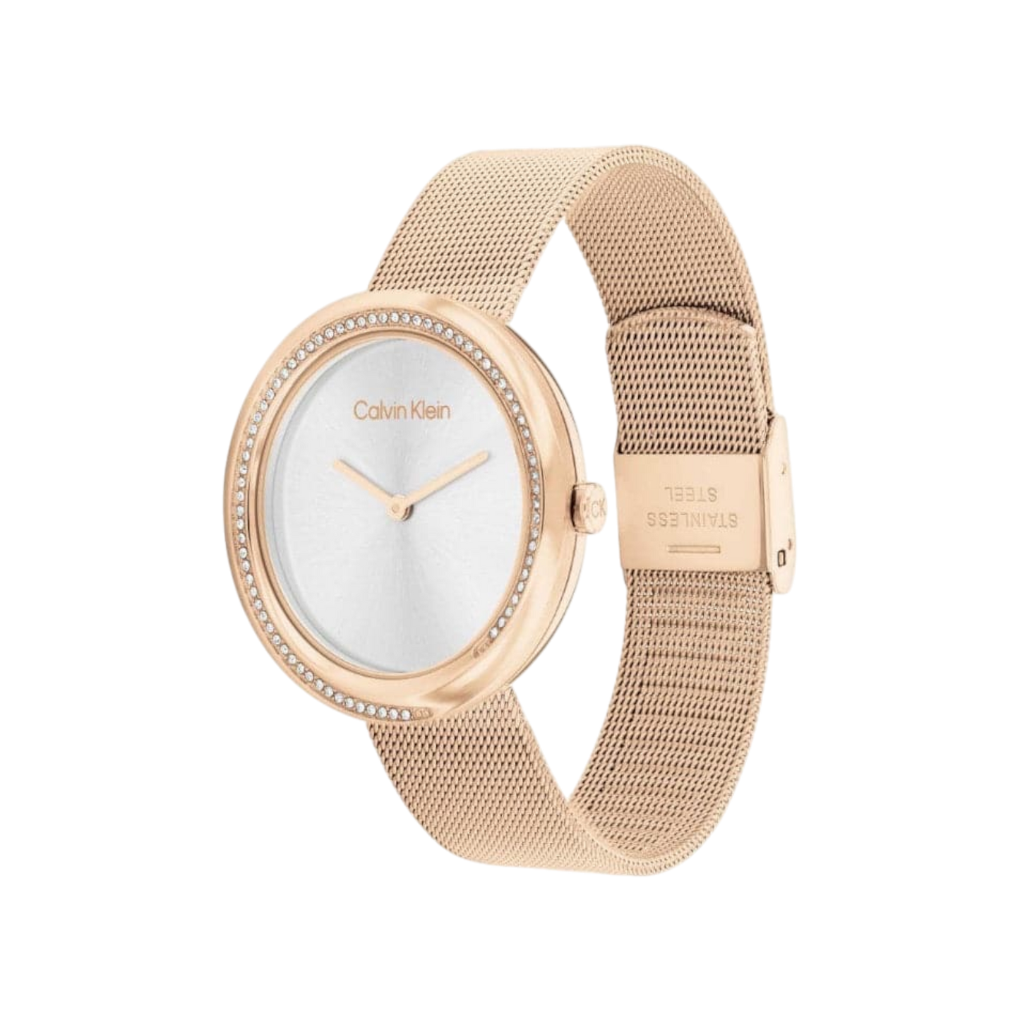 Calvin Klein Twisted Bezel Women's Silver Dial & Rose Gold Mesh Strap 34mm
