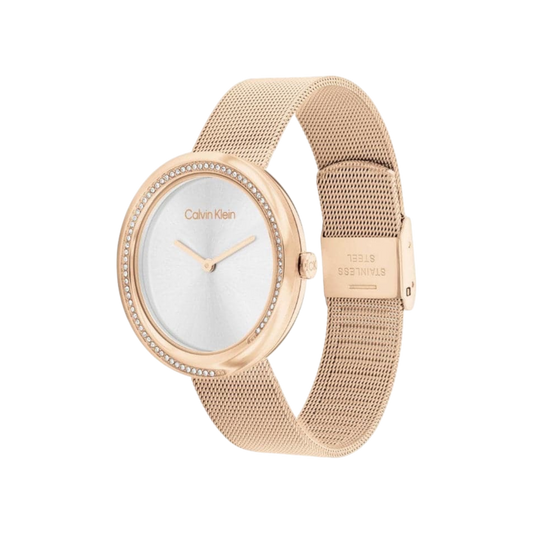 Calvin Klein Twisted Bezel Women's Silver Dial & Rose Gold Mesh Strap 34mm