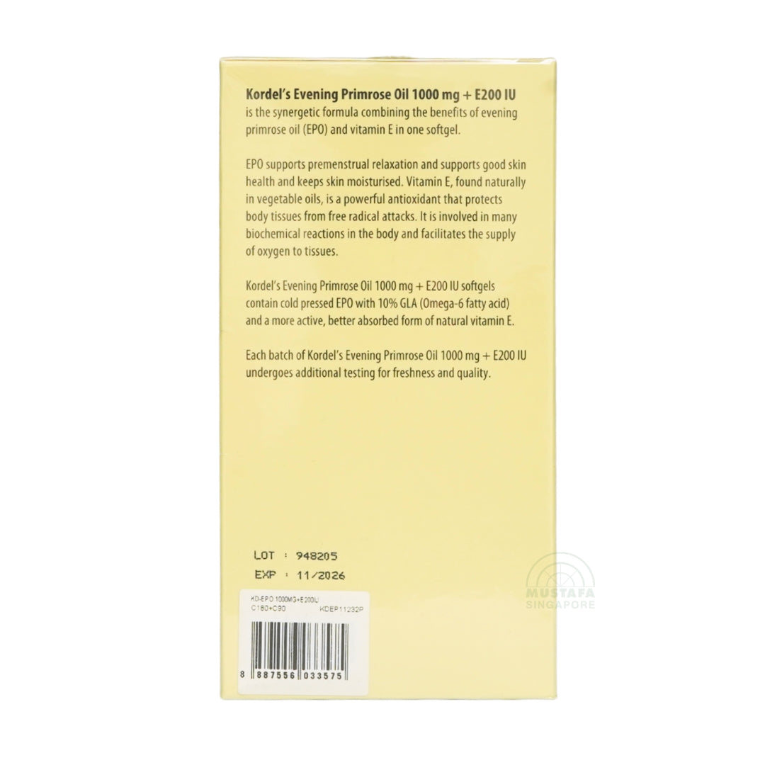 Kordel's Evening Primrose Oil 1000mg + E200 IU - 100% Pure & Natural (180 + 90 softgels)