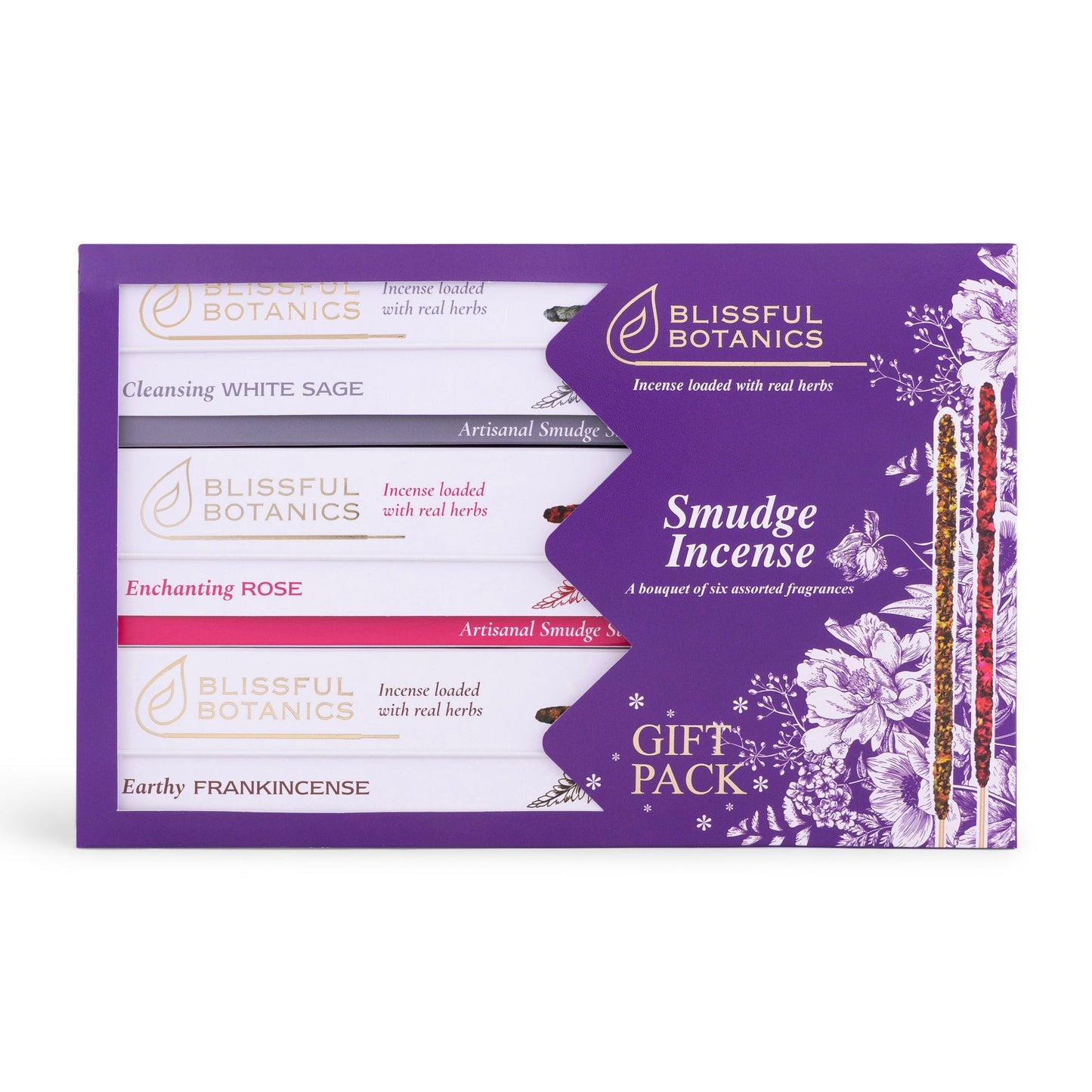 Sugandh Lok Blissful Botanics Smudge Incense Gift Pack 48 Sticks (Cleansing White Sage, Enchanting Rose, Exotic Naga Champa)