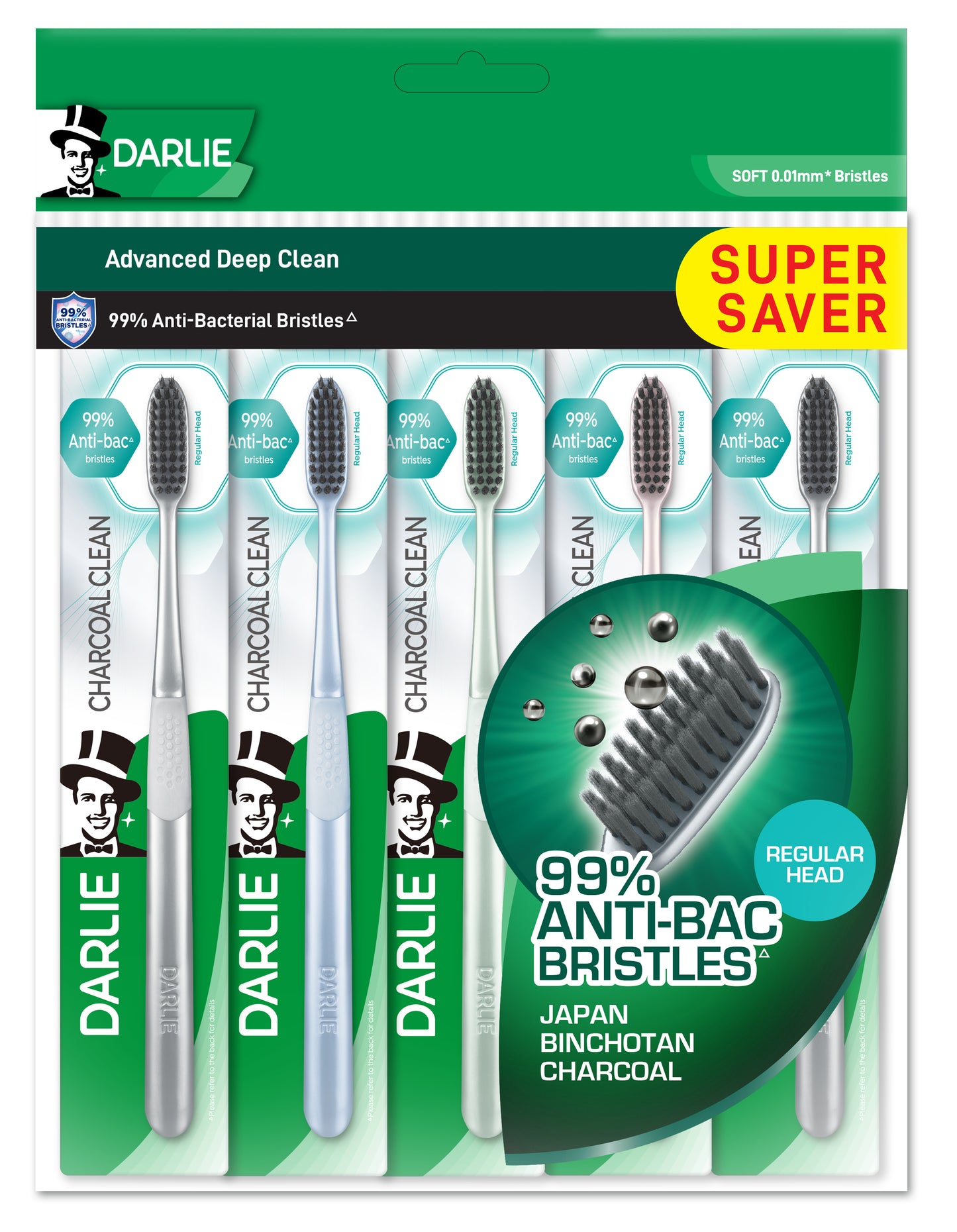 Darlie Charcoal Clean (Regular Head) Soft Bristles Toothbrush Value Pack 5s