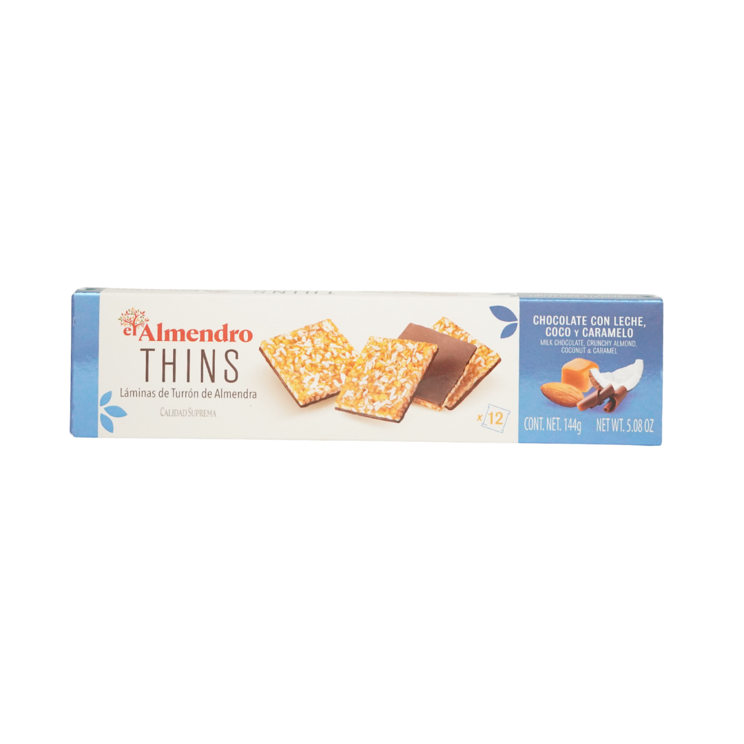El Almendro Thins Milk Chocolate Crunchy Almond Coconut Caramel Turron 144g