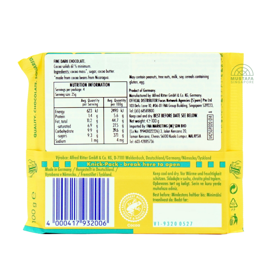 Ritter Sport 61% Fine From Nicaragua Dark Chocolate 100g