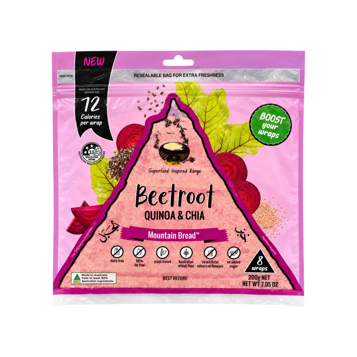 Mountain Bread Beetroot Quinoa & Chia Wraps 8 Pcs 200g