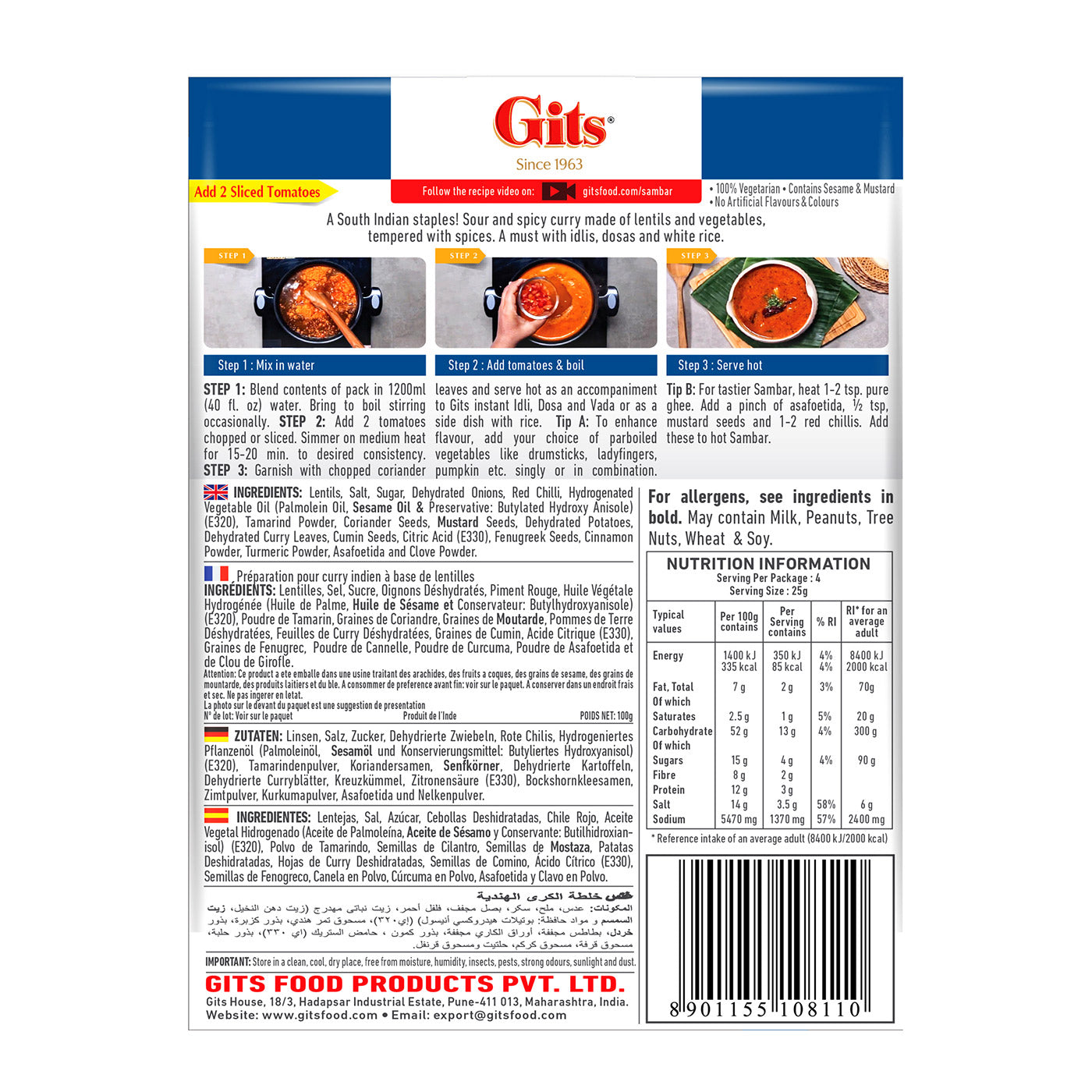 Gits Sambar Indian Curry Dry Mix 100g