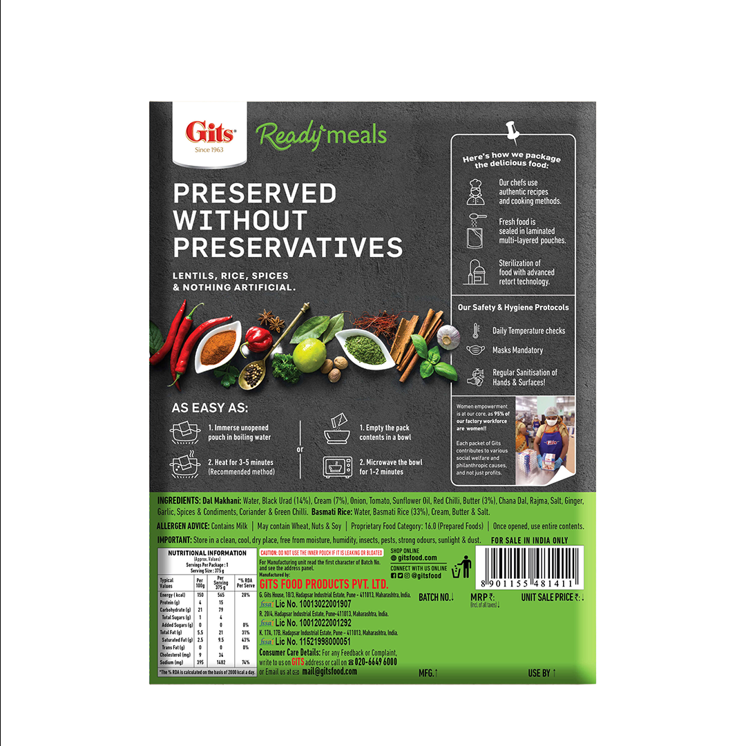 Gits Dal Makhani & Basmati Rice Combo Meal (Mild Spicy) 375g