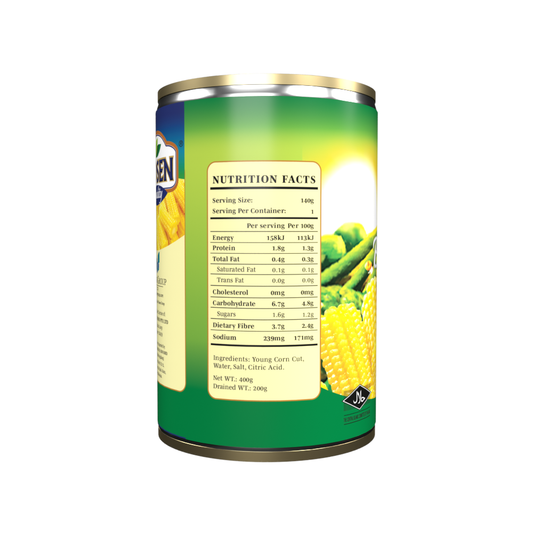 Hosen Baby Corn Young Corn Cut in Brine 400g