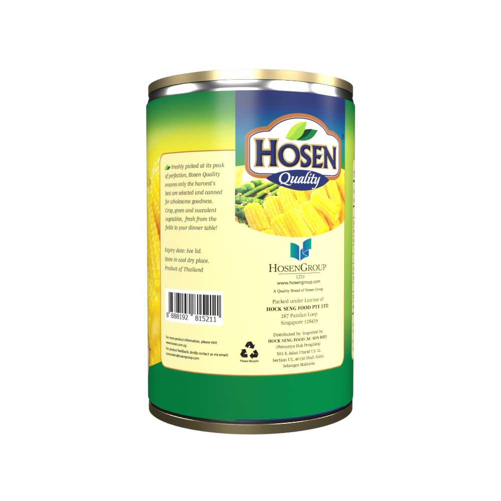 Hosen Baby Corn Young Corn Cut in Brine 400g