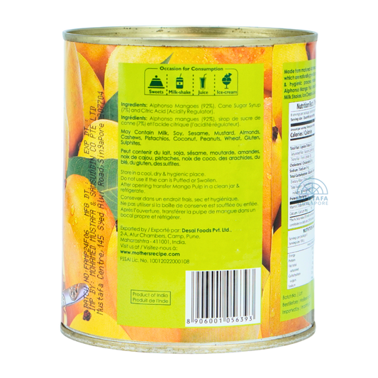 Mother's Recipe Alphonso Mango Pulp (Sweetened) 850g
