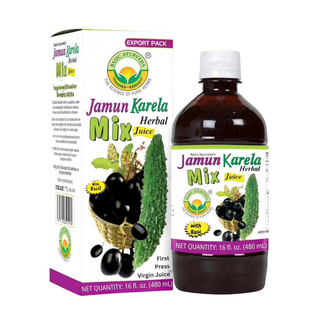 Basic Ayurveda First Press Virgin Jamun Karela Herbal Mix with Basil Juice 480ml